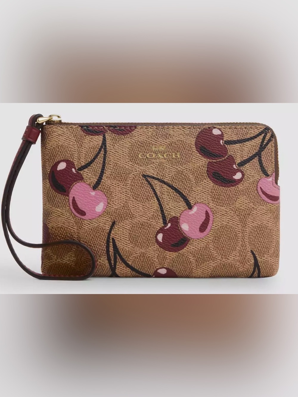 NWT Coach Corner Zip Wristlet In Signature Canvas With Cherry Print